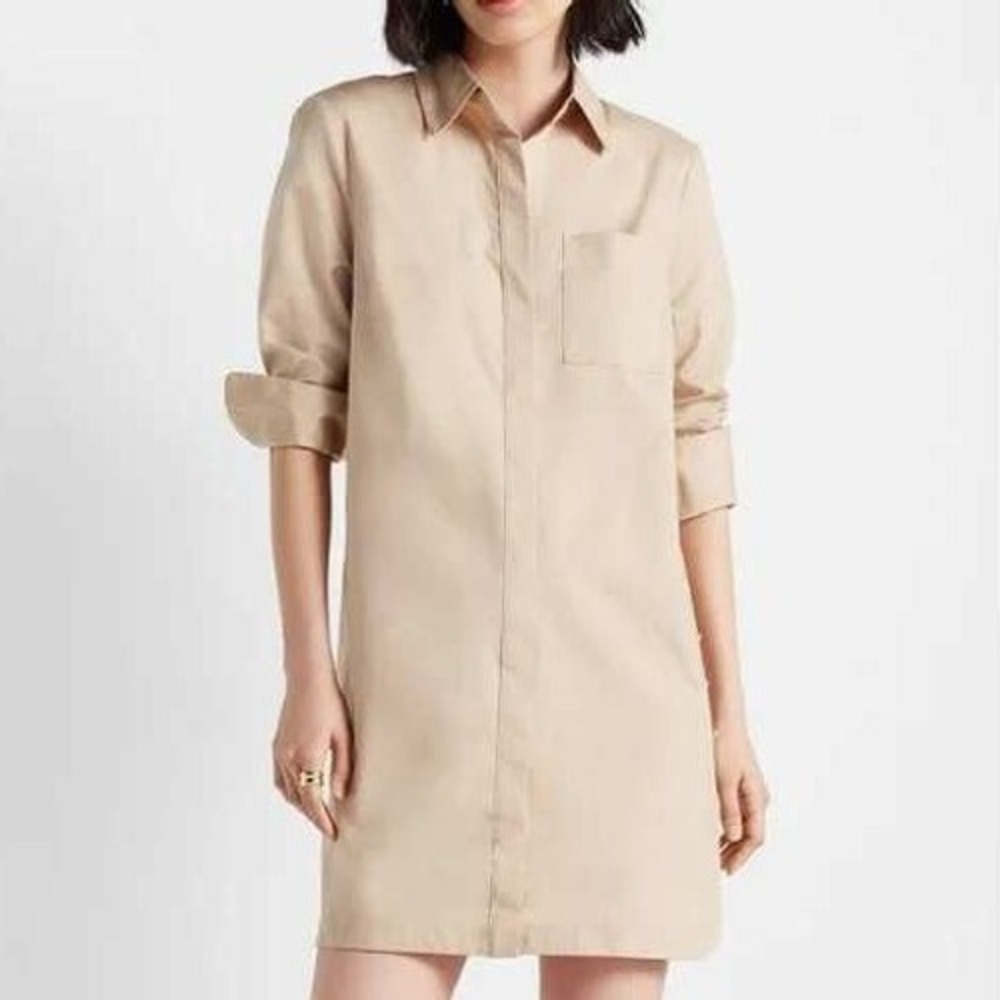 Club Monaco Strawberta Cotton Stretch Shirt Dress 6 Khaki Side Button Long Sleev